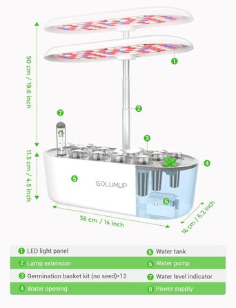 Гідропонна система вирощування GOLUMUP Розумний сад із автоматичним таймером, світлодіодною лампою для рослин 26 Вт і 12 стручками внутрішнього травяного саду, що регулюється по висоті до 50 см