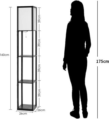 Торшер на 3 полиці, торшер вертикальний, торшер для лампи до 60Вт, сталевий світильник E27 цоколь, приліжковий світильник для вітальні та спальні та офісу, 26 x 26 x 160см, чорний (модель 1), 4LIFE