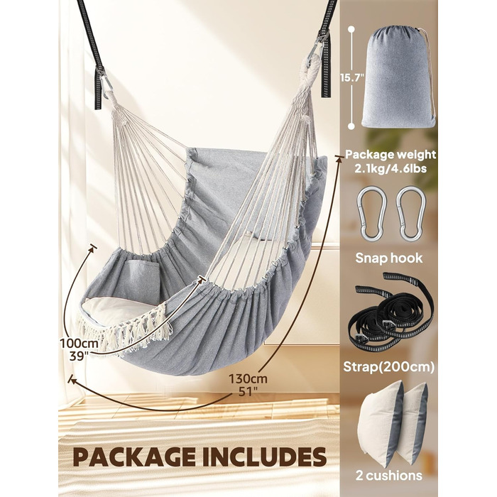 Підвісне крісло Chihee, підвісна гойдалка, 2 подушки сидіння в комплекті, міцні ремені та гачки, легко повісити, підвісне крісло виготовлене з м&39якої бавовняної тканини, бічна кишеня, великий комплект крісел з китицями, зручний комплект крісел для дому/