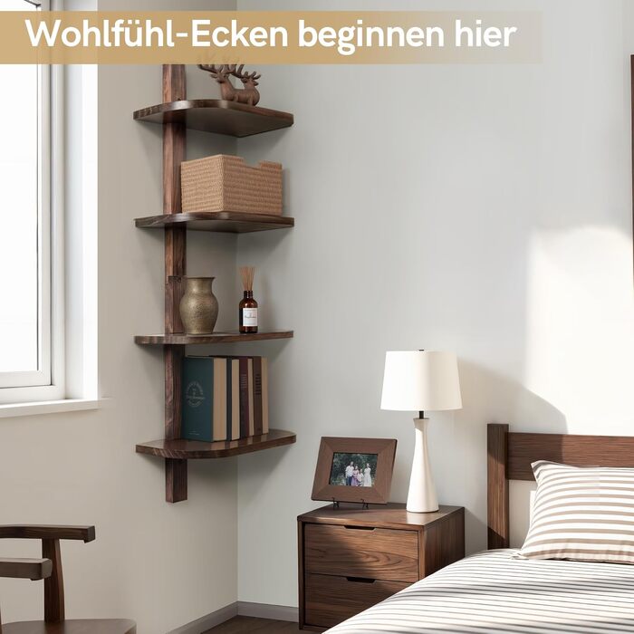 Настінна полиця Afily Vintage Wooden Wall Shelf, 4 рівні вертикальна плаваюча полиця коричневого кольору із закругленими кутами, компактна підвісна полиця з масиву дерева, настінний декор для ванної кімнати, кухні, вітальні