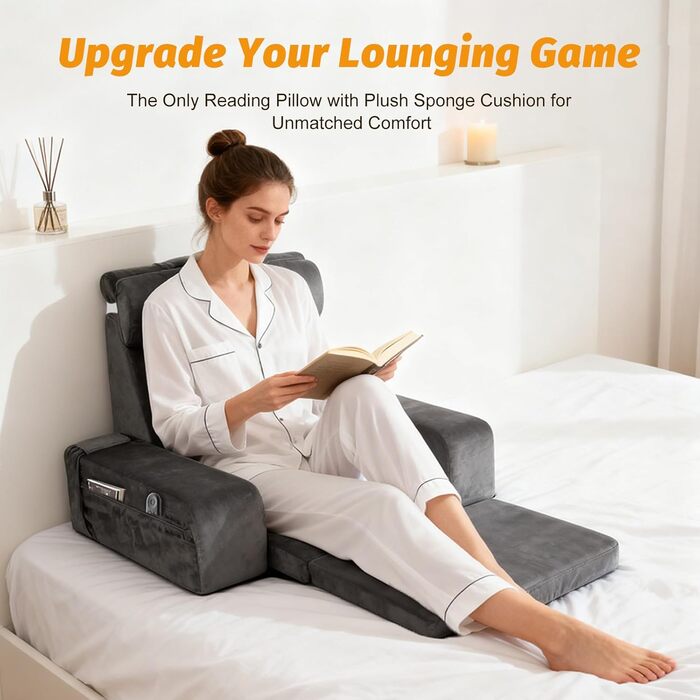 Велика подушка для читання зі знімною спинкою, ергономічна подушка для спини з підлокітником, кишенею та чохлом, який можна прати, для читання та перегляду телевізора (сіра)