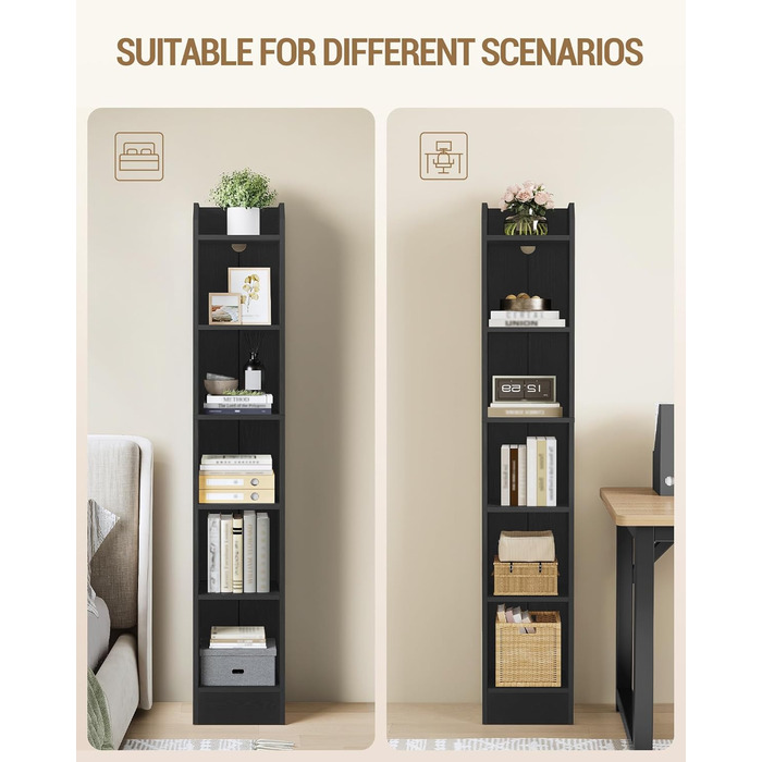 Книжкова полиця Hzuaneri, 6-ярусна стояча полиця, полиця для зберігання, полиця для колекційних предметів, регульовані панелі, для вітальні, офісу, 24 x 30 x 169,5 см, чорна BC06904 шт. 24 x 30 x 169,5 см чорна