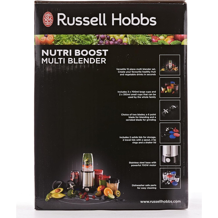 Блендер Russell Hobbs багатофункціональний блендер NutriBoost (включаючи 5 контейнерів без бісфенолу А та придатних для миття в посудомийній машині кришка, 22 000 об/хв, двигун 0,9 к.с.) електричний, смузі-машина 23180-56 одинарний