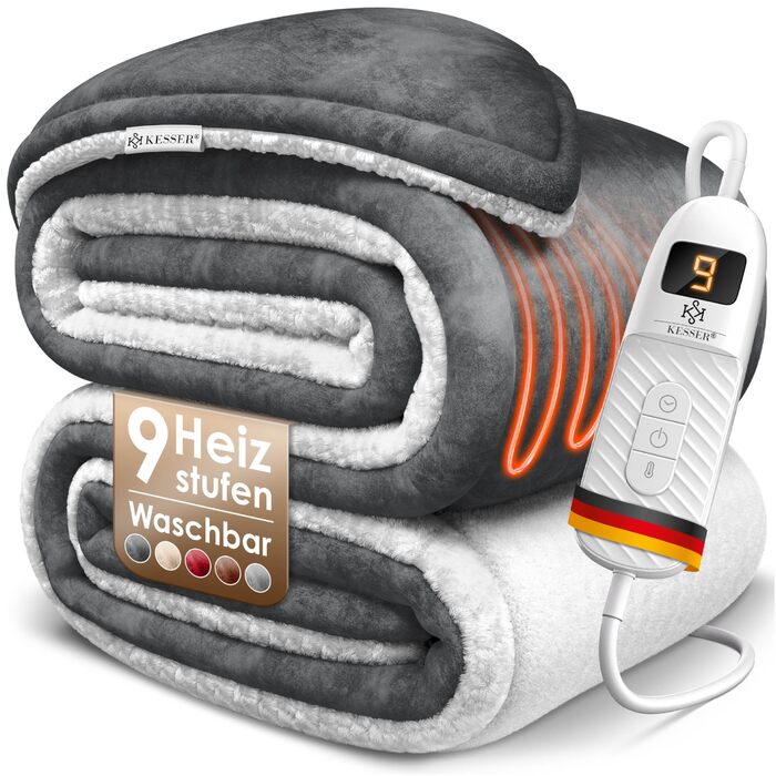 Електрична ковдра з підігрівом KESSER з автоматичним вимкненням 200x180 см, двостороння Затишна ковдра для ліжка, дивана 9 температурних режимів Можна прати до 40C з таймером та цифровим дисплеєм Антрацит