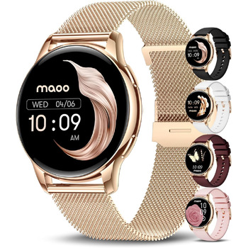 Розумний годинник maoo Ventura для жінок із функцією дзвінків, 1,32-дюймовий AMOLED-дисплей, монітор серцевого ритму, SpO, монітор артеріального тиску, понад 100 спортивних режимів, водонепроникність IP67, 5 ремінців рожевого золота