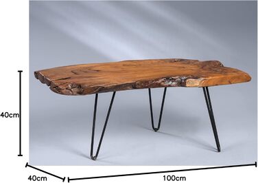 Журнальний столик Tallus колекції M2 масив тика, 100 x 40 x 40 см Натуральна обробка Чорні металеві ніжки Унікальний виріб, коричнево-коричневий Tallus