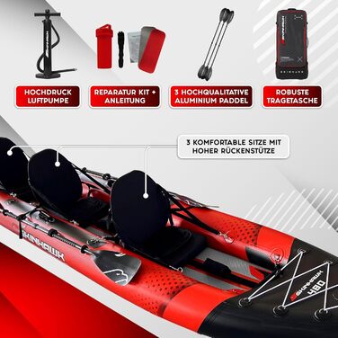 Ексклюзивний червоний набір для каяків SKINHAWK 480 - Надувний човен - Каное - 480 x 96 см - 3-місний каяк. Набір для каяків Skinhawk 480 з алюмінієвим веслом.