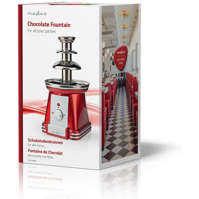 Шоколадний фонтан Nedis - Ретро дизайн із пластику та нержавіючої сталі з 3 рівнями - Можна мити в посудомийній машині - діаметр 40 см - Червоний та білий