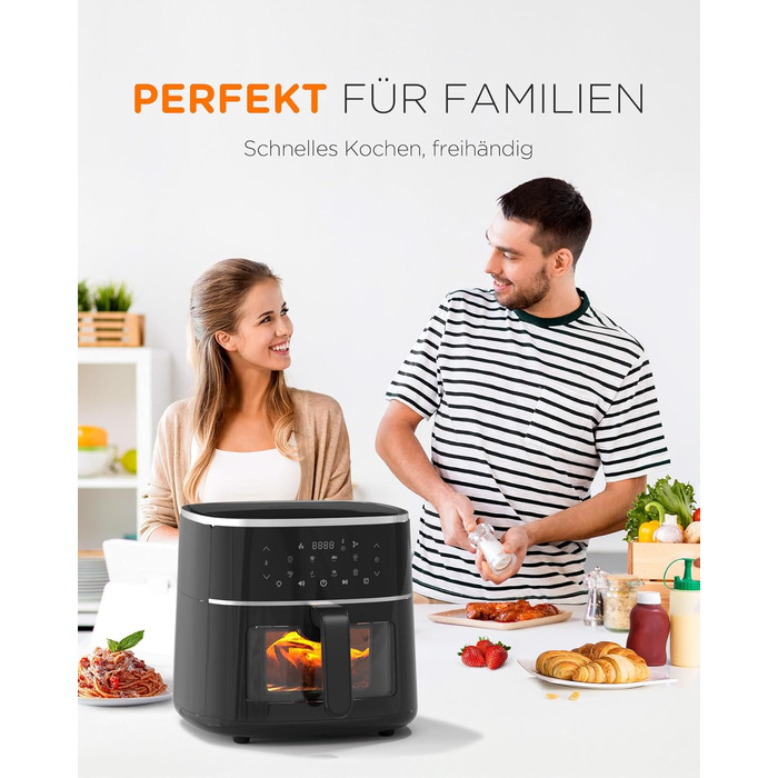 Аерофритюрниця Tomons 6 л, фритюрниця Фритюрниця з гарячим повітрям Фритюрниця з оглядовим вікном Цифровий світлодіодний сенсорний екран, програми 8 в 1 фритюрниця, регульований контроль температури