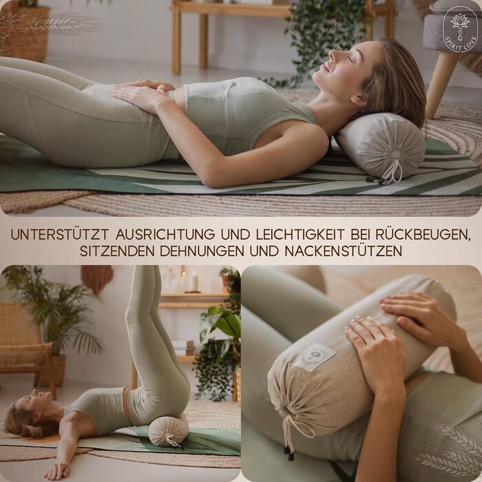 Льняний валик для йоги Spirit Love Круглий валик для йоги з органічною гречаною лушпинням Валик для шиї з чохлом, який можна прати Ідеально підходить як подушка для шиї 100 натуральний лляний круглий валик, безпечний для шкіри - 40x14 см