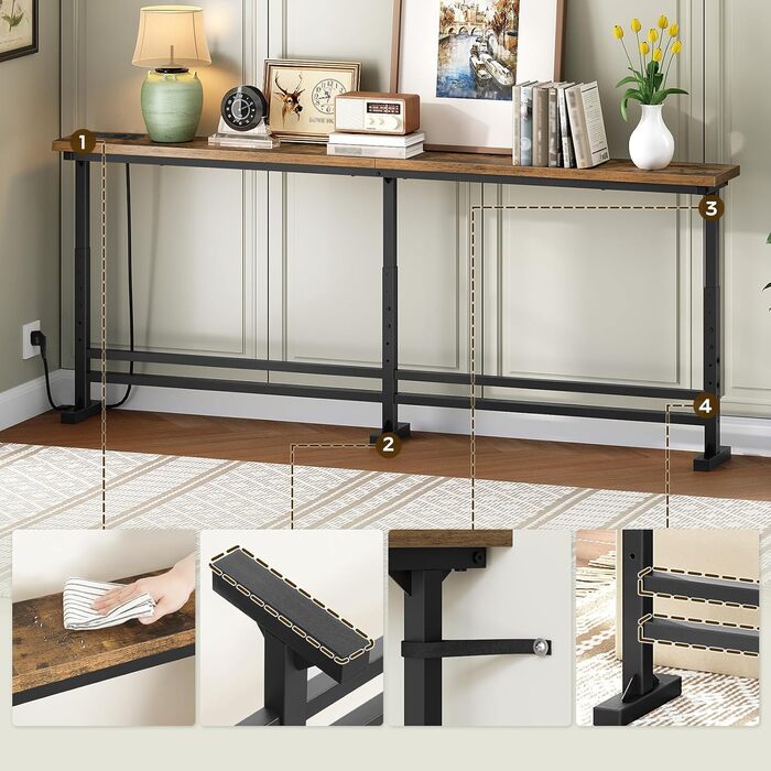 Вузький консольний столик, вузький столик для передпокою, столик для передпокою довжиною 180 см, 1 розетка змінного струму, 1 порт USB-A, 1 порт Type-C, для вітальні, передпокою, вінтажний коричнево-чорний XCT08CBR 180 x 15 x 70-90 см Вінтажний коричневий