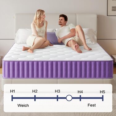Матрац 160x200 см, рівень жорсткості H4, пружинний матрац, висота 25 см з піною з ефектом пам&39яті, 7-зонний пружинний матрац кишенькової форми з високоякісною піною для підтримки спини, ергономічна підтримка, 160x200x25 см, 25 см (фіолетовий)