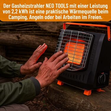 Газовий обігрівач NEO TOOLS 90-133, 2,2 кВт - Портативний газовий обігрівач з п'єзоелектричним запалюванням, захистом від перекидання та ручкою для перенесення, ідеально підходить для кемпінгу, риболовлі та активного відпочинку на свіжому повітрі
