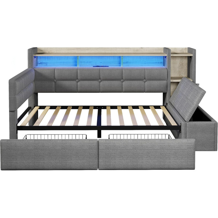 Кушетка, диван-ліжко, 90190 см, з двома шухлядами, портами USB та Type-C, відділенням для зберігання речей, лавкою для зберігання речей у нижньому кінці, світлодіодною стрічкою, без матраца, оксамит (темно-сірий)