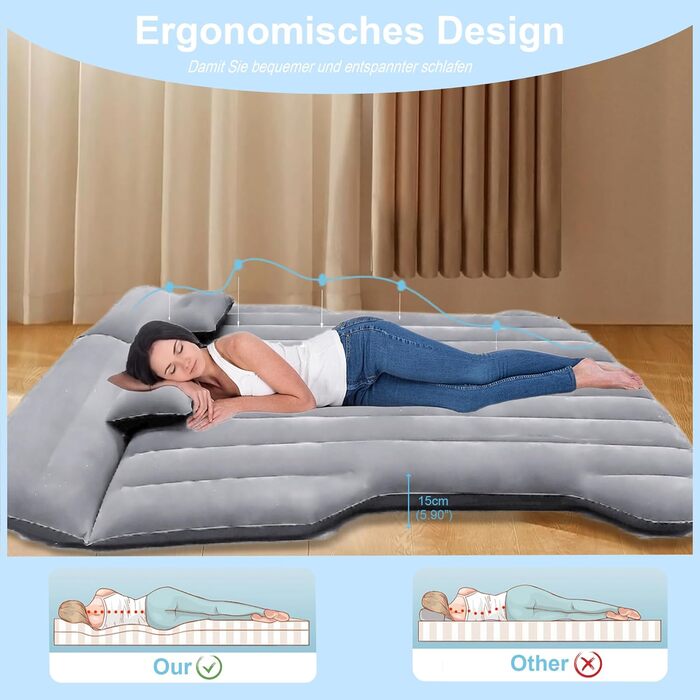 Надувний матрац для автомобіля, матрац для багажника автомобіля Model Y, позашляховика, автофургона, мінівена, кемпінгового матраца, надувний матрац 195x130, складне надувне ліжко для подорожей (сірий)