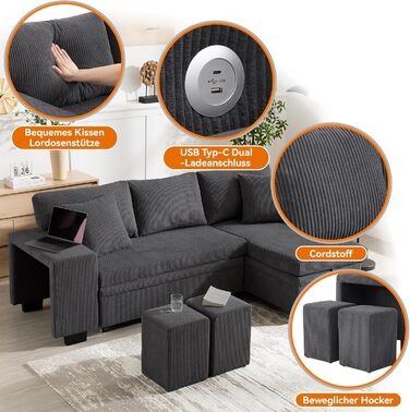 Кутовий диван Merax з функцією сну, практичний розкладний диван з ящиком для зберігання та USB-роз&39ємом, розкладний диван з місцем для зберігання, бічними полицями, сучасний L-подібний диван для вітальні, спальні, сірий B-сірий (з бічними полицями)
