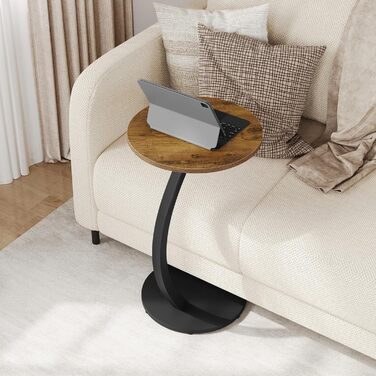 Журнальний столик WOLTU C-подібної форми, круглий журнальний столик, столик для дивана, маленький столик для дивана, ліжка, з металевим каркасом та стільницею з МДФ, індустріальний стиль, 40 x В 65 см, вінтажний вигляд дерева, BTS21hov