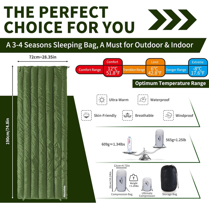 Натуральний пуховий спальний мішок Naturehike, ультралегкий, компактний портативний конверт 650 FP, зимовий спальний мішок на 3-4 сезони з невеликим розміром упаковки для кемпінгу на свіжому повітрі CW295-армійський зелений-650FP