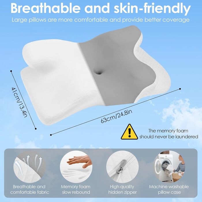 Велика подушка для шиї з піни з ефектом пам&39яті, ергономічна ортопедична подушка, регульована по висоті, подушка для сну на боці, спині та животі - 63 x 42 см x 9/12 см
