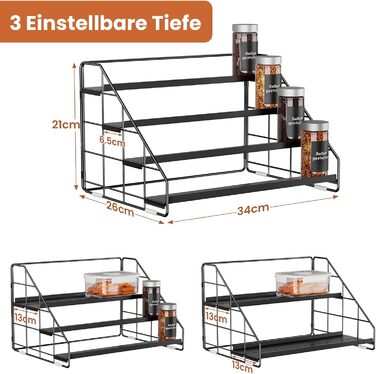 Рівнева стійка для спецій - регульована по висоті (2/3/4 рівні) та не потребує свердління - чорна металева стійка для спецій з S-подібними гачками та етикетками - органайзер для спецій для кухні, шафи, ванної кімнати, 1 упаковка, 4-