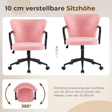 Крісло для офісу з регульованою висотою, ергономічне офісне крісло з високою спинкою та підлокітниками, обертове крісло з крилами спинки, крісло для туалетного столика, крісло для туалетного столика з колесами, рожева тканина шерпа