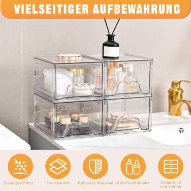 Акриловий органайзер для косметики, прозорий органайзер для шухляд у туалетному столику, штабелювана шухляда, шухляди для зберігання аксесуарів для туалетного столика, ванна кімната (4 шт.)