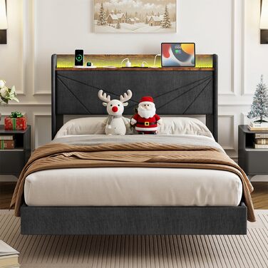 М&39яке ліжко IRONCK 120x200 см, Ліжко 120x200 зі світлодіодним освітленням та зарядною станцією (2 розетки змінного струму, порти USBType-C), Каркас ліжка з місцем для зберігання, Плаваюче односпальне ліжко з рейковою основою, Льняне, Сірий 120 x 200 см