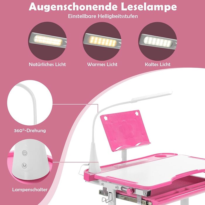 Набір дитячих столів COSTWAY з підставкою для книг та світлодіодним підсвічуванням, регульований по висоті дитячий стіл і стілець