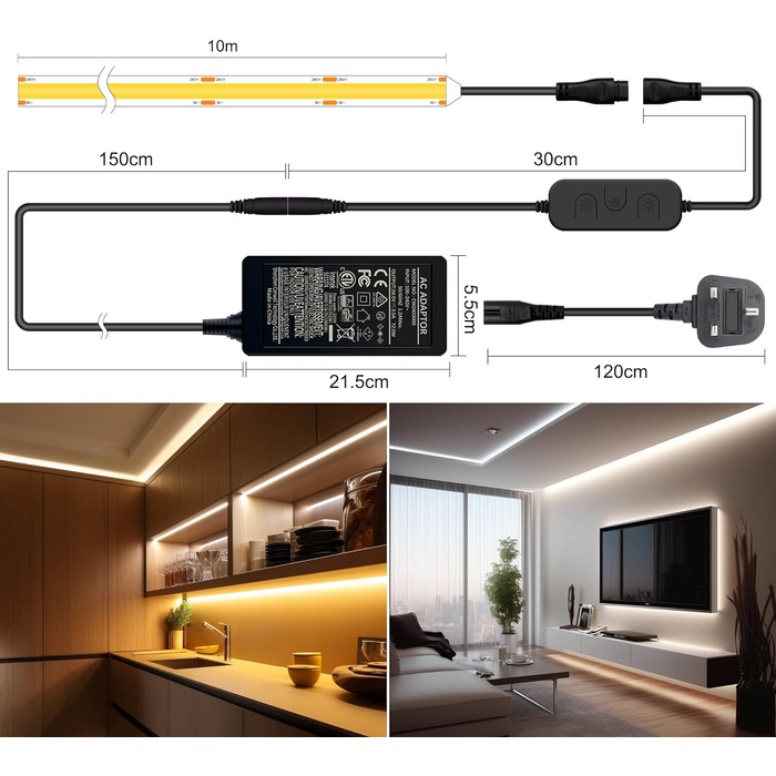 Світлодіодна стрічка TTWAY CCT COB з можливістю затемнення 2700K- 6500K 24V регульована біла світлодіодна стрічка з радіочастотним керуванням і адаптером, 608 світлодіодів/м CRI93 Daul біла світлодіодна стрічка для приміщень, кімнат, DIY. (10 хв)