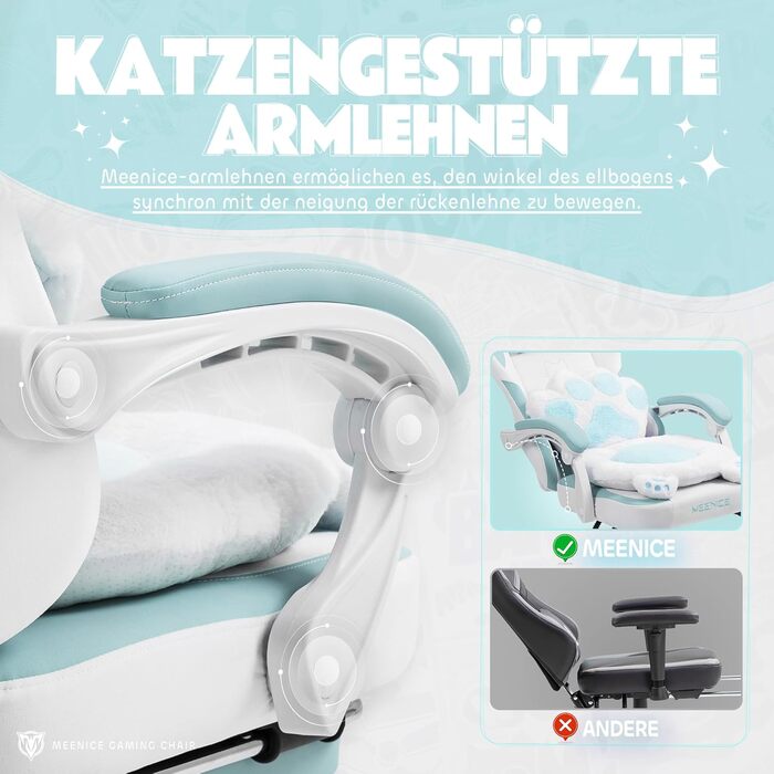 Милий ігровий стілець з котячою тканиною з поперековою подушкою у формі котячої лапи та котячими вушками, ігровий стілець з підставкою для ніг, ергономічний ПК-стілець для дітей, дорослих та дівчаток, вантажопідйомність 140 кг, синьо-білий