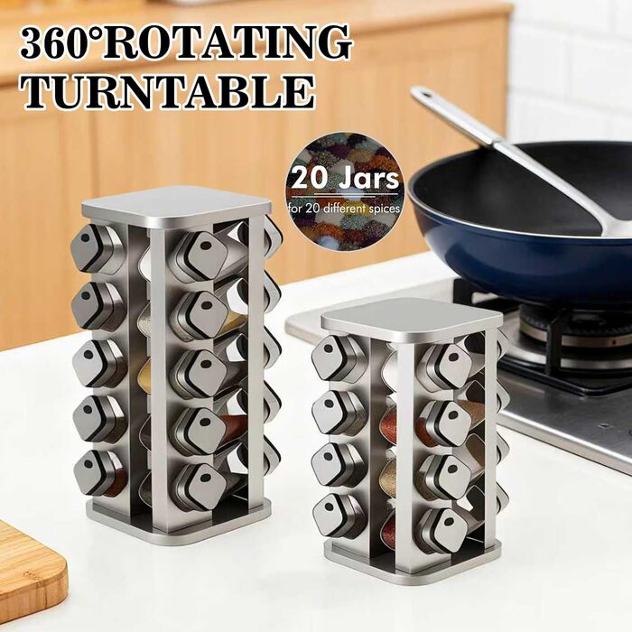 Стійка для спецій PTUWODS з 16 квадратними банками для спецій, карусель для спецій з нержавіючої сталі, що обертається на 360, органайзер для спецій, контейнери для спецій зі вставкою-шейкером, 16 банок