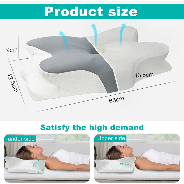 Подушка з піни з ефектом пам&39яті, подушка для підтримки шиї, подушка для шиї, подушка для голови від болю в шиї, ортопедична подушка, ергономічна подушка для сну на боці, спині та животі 63 x 42,5 x 13,8/9 см (1 упаковка)