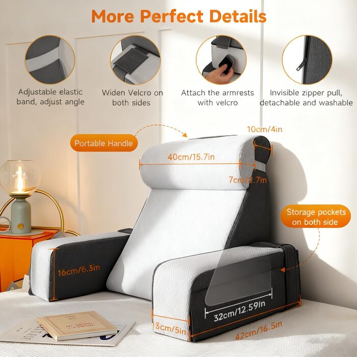 Велика подушка для читання зі знімним потиличним валиком та підлокітником, подушка для спини ліжка, ергономічна подушка для спини з підлокітником, кишеня та чохол, який можна прати, для читання та перегляду телевізора.