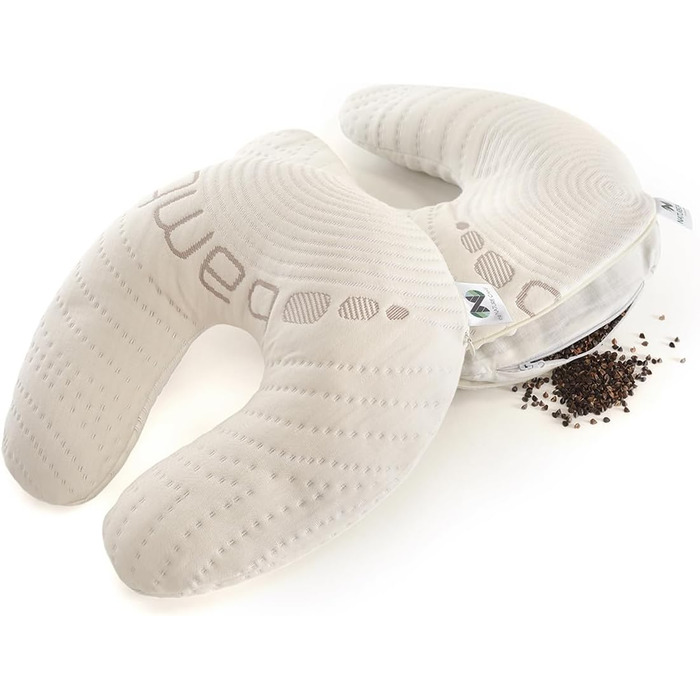 Органічна дорожня подушка для шиї, подушка для зняття болю в шиї, подушка для сну на боці зі знімним чохлом, подушка для підтримки шиї для дорослих 35x33 см. (Гречана лушпиння)