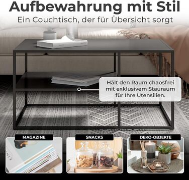 Журнальний столик Solund, приставний столик, металевий, чорний, стіл для вітальні з місцем для зберігання, 90 x 60 x 45 см, прямокутний диван-столик, журнальний столик, чорний, 90 x 60 x 45 см - 1 полиця