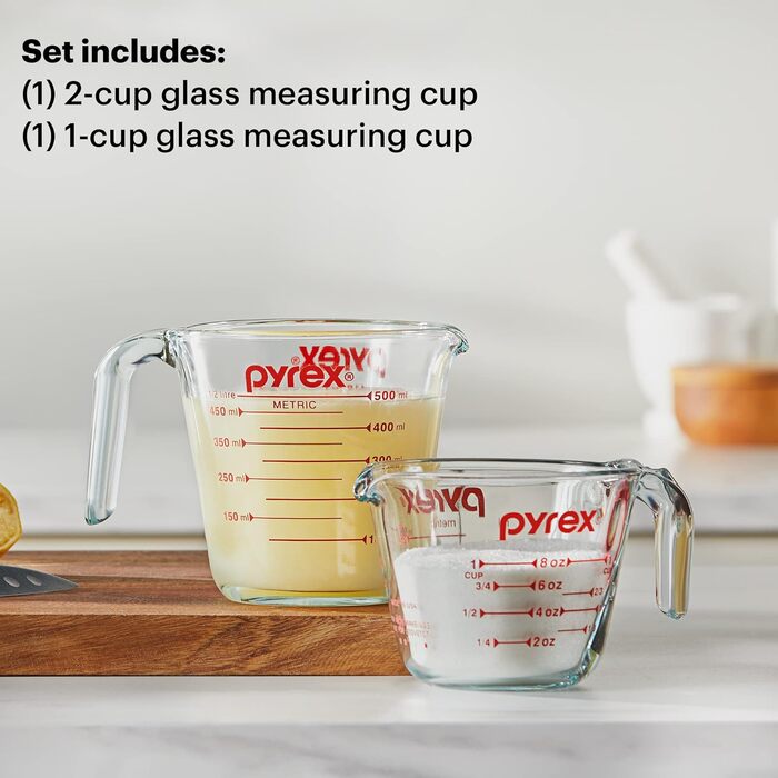 Набір скляних мірних чашок Pyrex із 2 предметів, включає мірні чашки для рідини із загартованого скла