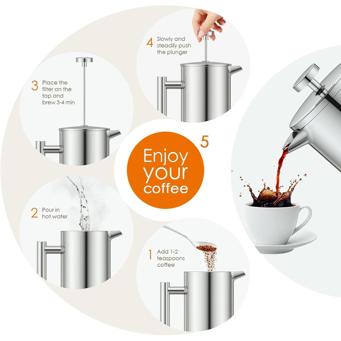 Кавоварка Enfmay French Press, 1 л френч-прес з нержавіючої сталі з 4 фільтрами та ложкою, знімна, легко чиститься, термо з ізоляцією з нержавіючої сталі для дому, подорожей та кемпінгу, срібло 1000 мл