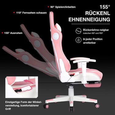 Ігрове крісло GTPLAYER з підставкою для ніг, Bluetooth-колонка, ергономічне офісне крісло, комп&39ютерне крісло, стілець для столу, ПК-крісло з регульованою спинкою, вантажопідйомність 150 кг, рожеве, 84 x 65 x 29 см (Г x Ш x В)