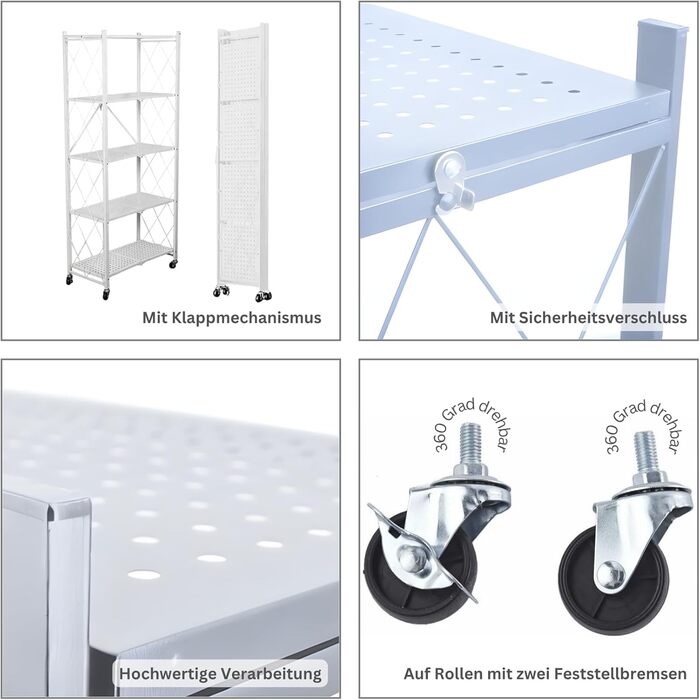 Складана полиця з колесами 5 полиць/відсіків Білий Вантажопідйомність 250 кг ВxШxГ 167x72x34 см Полиця для зберігання, металева полиця, складна полиця, 5 полиць, білий