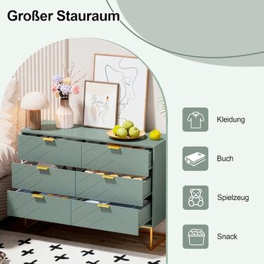 Комод UEV з 6 шухлядами, дерев&39яна шафа з механізмом проти перекидання та металевими ніжками, висока тумба/сервант, вузька комод/бічна шафа для вітальні, спальні, коридору, 100x34x73,5 см, зелений, 34 Г x 100 Ш x 73,5 В см (6 шухляд)