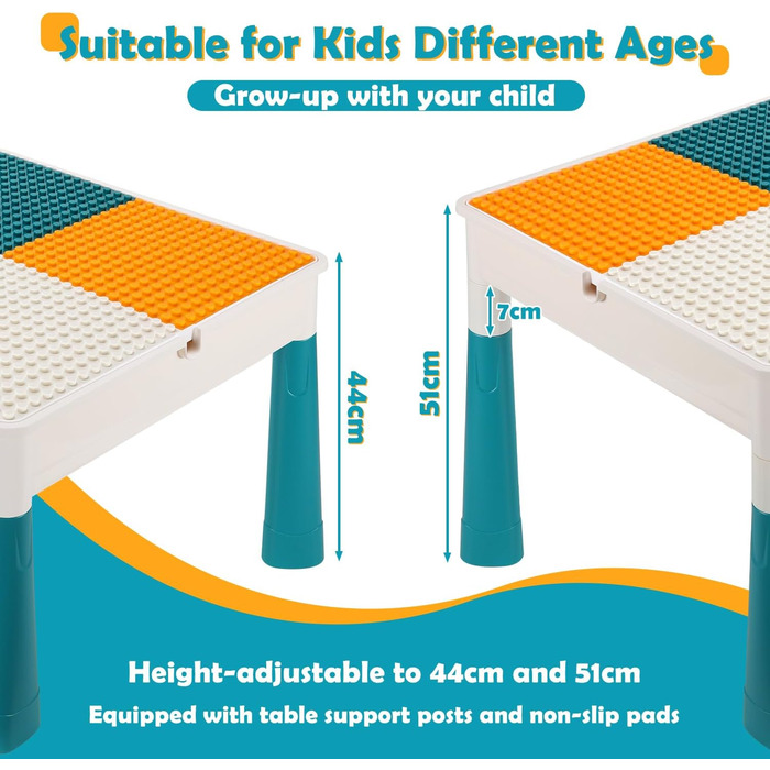 Дитячий стіл з 2 стільцями, ігровий стіл з 251 будівельним блоком, багатофункціональний ігровий стіл з регульованою висотою, набір будівельних блоків