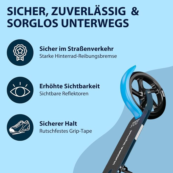 Самокат HUDORA BigWheel Pure стабільний алюмінієвий міський самокат із підніжкою, складаний, з регулюванням висоти, до 100 кг, для підлітків та дорослих, синій