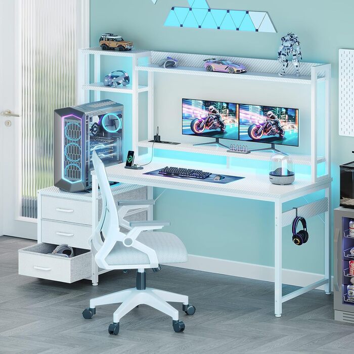 Ігровий стіл Coleshome з полицями та шухлядами, 13748 см Ігровий стіл зі світлодіодним освітленням та розеткою, комп&39ютерний стіл з полицями та підставкою для монітора, вуглецеве волокно білого кольору Карбонове волокно білого кольору 13748 см