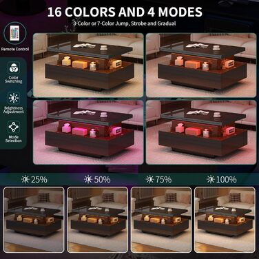 Журнальний столик з регульованою висотою, глянцевий стіл для вітальні з 2 шухлядами та світлодіодним освітленням, журнальні столики з прихованим відділенням для зберігання, трансформується в обідній стіл, чорний