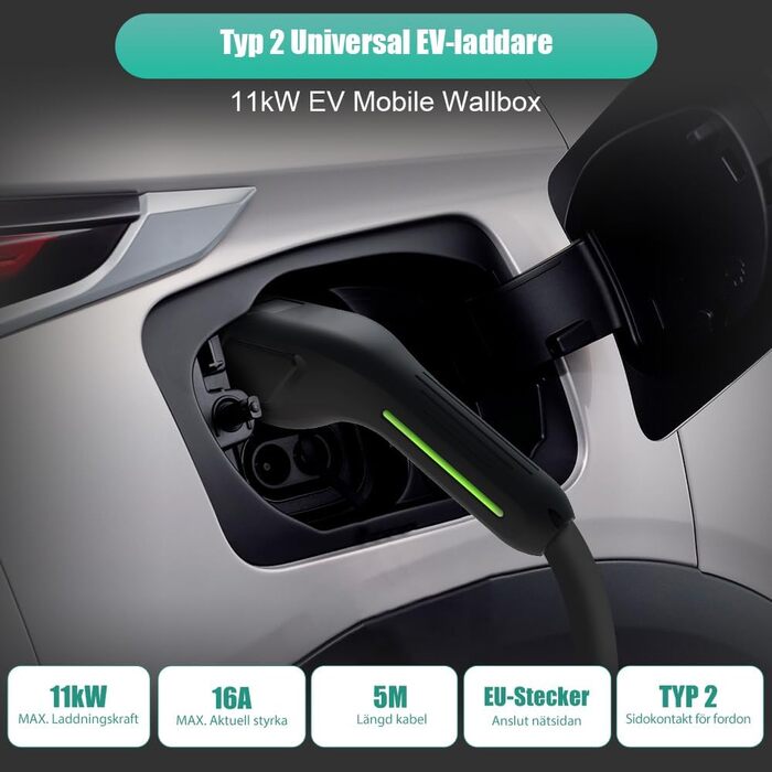 Зарядний пристрій для електромобілів AWESAFE типу 2, 11 кВт, 6/8/10/13/16А, 5 метрів, 3-фазний, вилка CEE, портативний зарядний ка