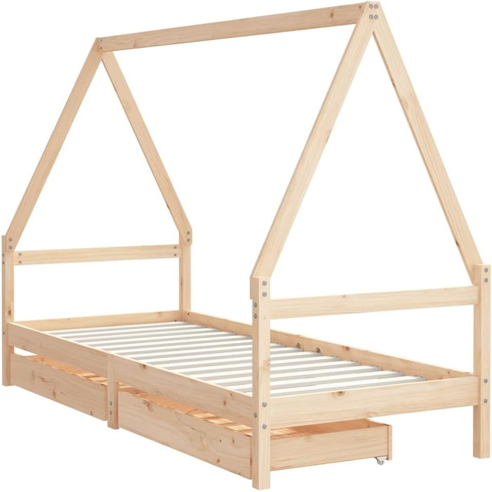 Дитяче ліжко з шухлядами 80x200 см виготовлене з масиву сосни, з рейковою основою та дизайном у формі будиночка для зберігання та приватності, міцне односпальне ліжко з місцем для зберігання 205,5 x 85,5 x 143 см натурального кольору
