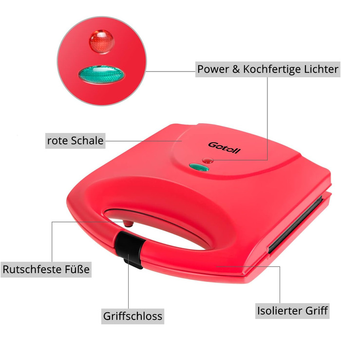 Тостер для сендвічів Gotoll Panini Grill 750 Вт, тостер для сендвічів і паніні з антипригарними пластинами, Panini Maker Easy Cleaning, Тарілчастий гриль тостер, червоний