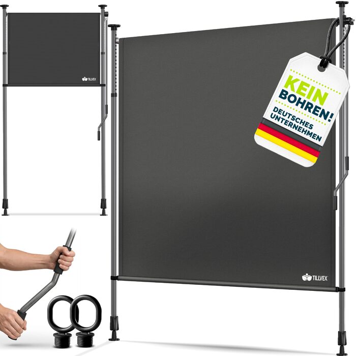 Вертикальна маркізка tillvex із затискачем та ручним приводом, свердління не потрібне Розсувна та непрозора ширма для забезпечення конфіденційності Вертикальна маркізка для балкона, тераси, саду Всепогодна штора для забезпечення конфіденційності (Антрацит