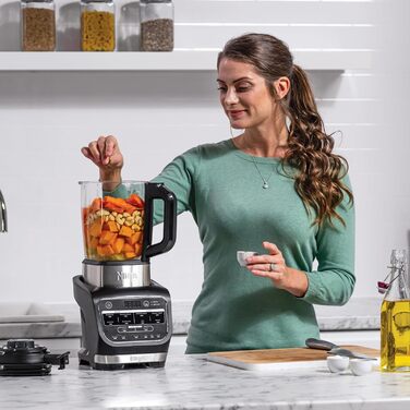 Блендер і супниця Ninja Foodi, 10 програм Auto-iQ, скляний глечик 1,7 л, гарячий і холодний блендер, вбудований нагрівальний елемент, тamp, програма очищення та щітка, 1000 Вт, чорний HB150EU