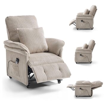 Моторне електричне крісло-реклайнер, крісло для телевізора з функцією відкидання, крісло для телевізора у вітальні з колесами, регульована спинка та підставка для ніг, 2 бічні кишені, вельветовий диван, бежевий, 2-